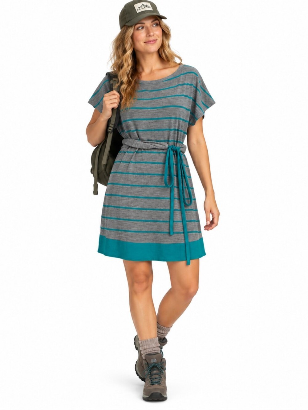 Icebreaker Merino Wool T-Shirt Dress S Gray Teal Stripe Tie Belt Gorpcore Travel
